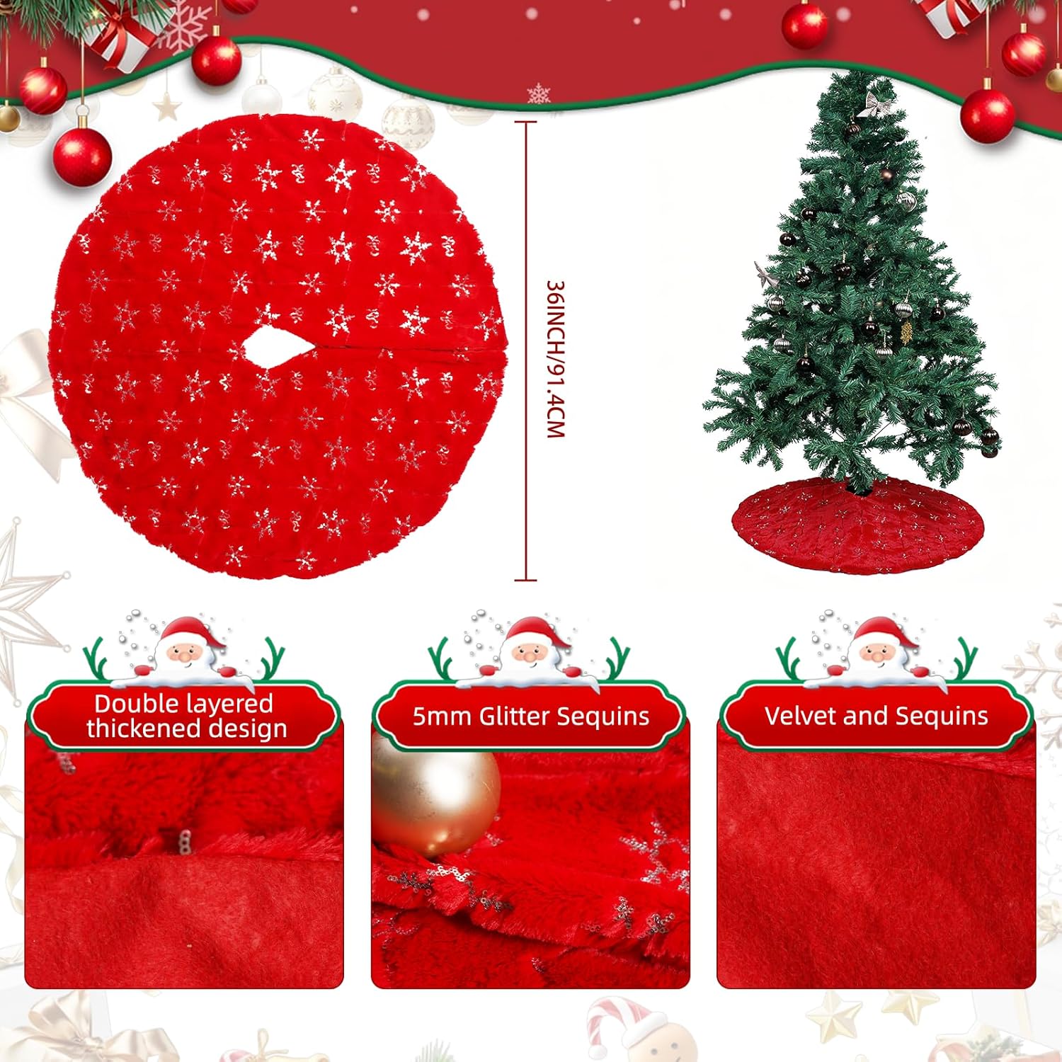 Christmas Tree Skirt Red, 36 Inch Large Soft Plush Xmas Tree Skirts, Double Layer Luxury Tree Skirt w/Silver Snowflake Sequin, Christmas Trees Decoration for Holiday Party Indoor Party Home Decor